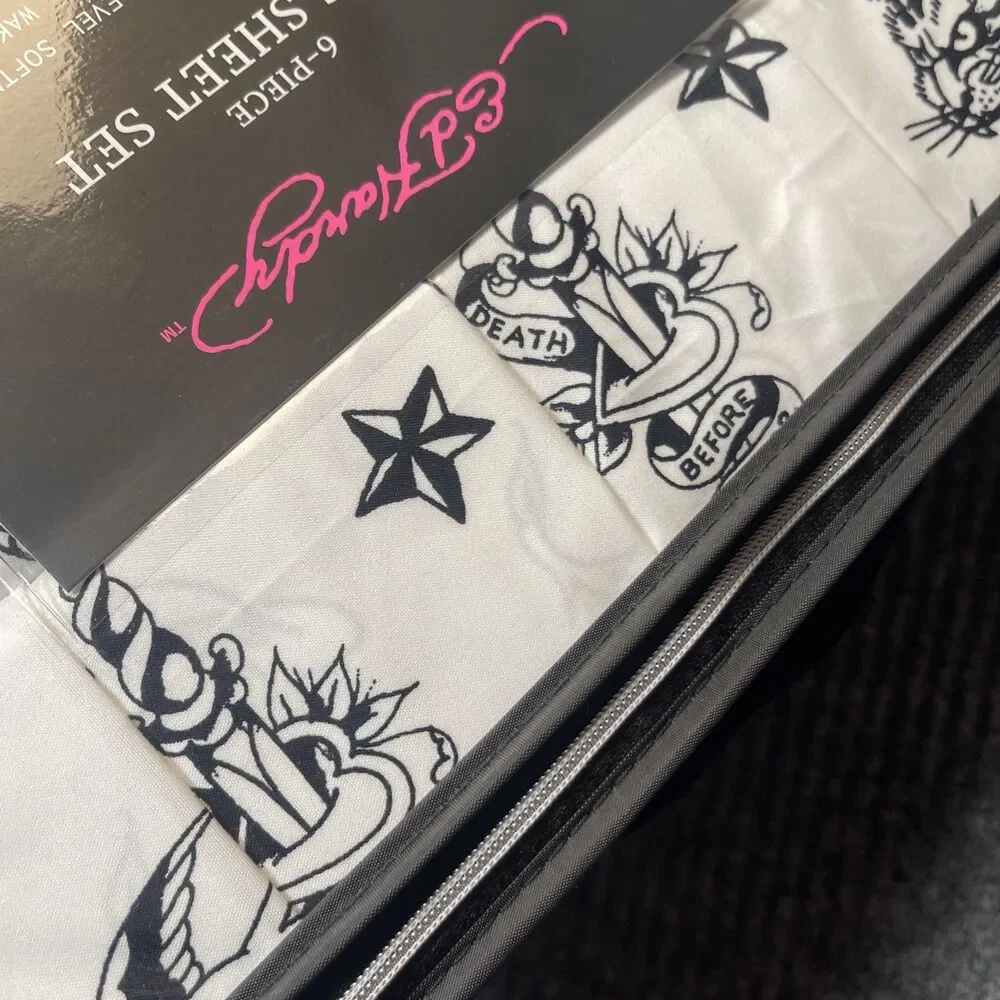 Ed Hardy 6-Piece KING Bedding Sheet Set White/Black Graphic Print Y2K Tiger Star
